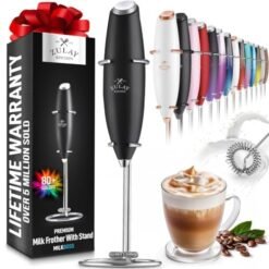 Zulay Kitchen Powerful Milk Frother Wand – Ultra Fast Handheld Drink Mixer – Electric Whisk Foam Maker for Coffee. Lattes. Cappuccino. Frappe. Matcha. Hot Chocolate & Coffee Creamer – Milk Boss Black